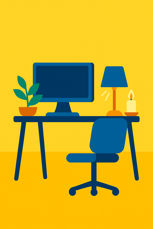 Flat-style digital illustration of a calm workspace with a plant, soft lighting, and a clean desk setup.