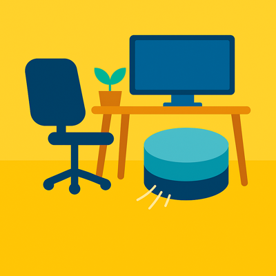Flat-style illustration of a tidy, organized desk with a DustAway™ mini vacuum.