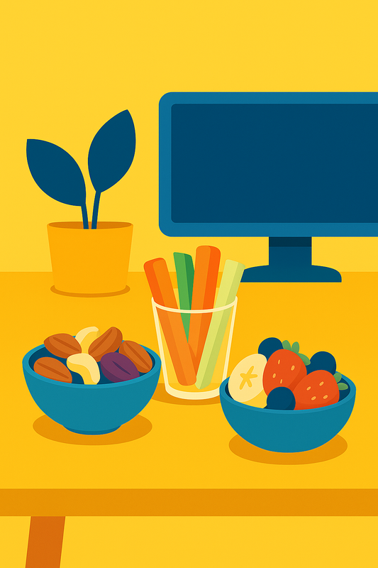 Illustration of healthy snacks including nuts, fruits, and veggie sticks arranged on a work desk for better energy and focus.