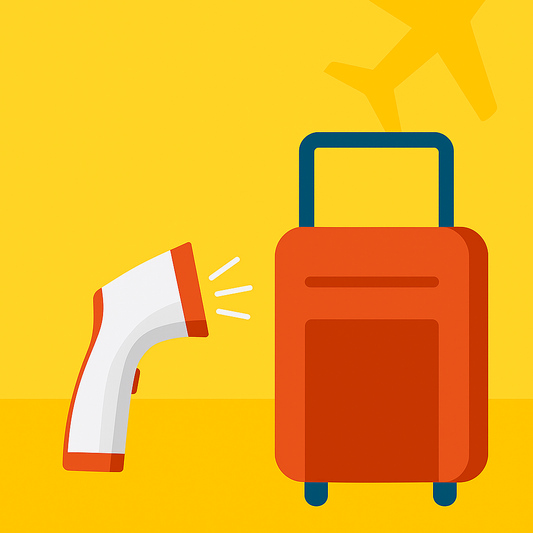 Travel essentials including a suitcase and portable garment steamer.