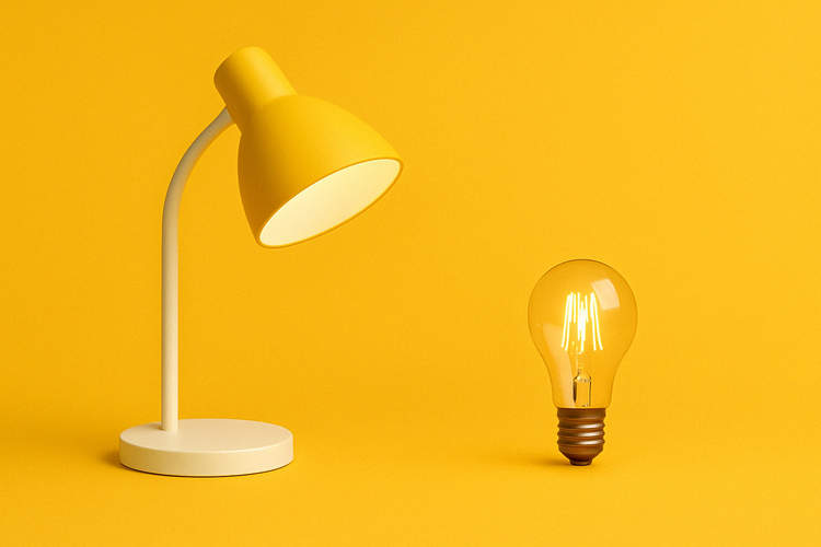 Yellow table lamp with a white base and glowing Edison-style bulb on a vibrant yellow background, representing stylish lighting and cozy ambience.