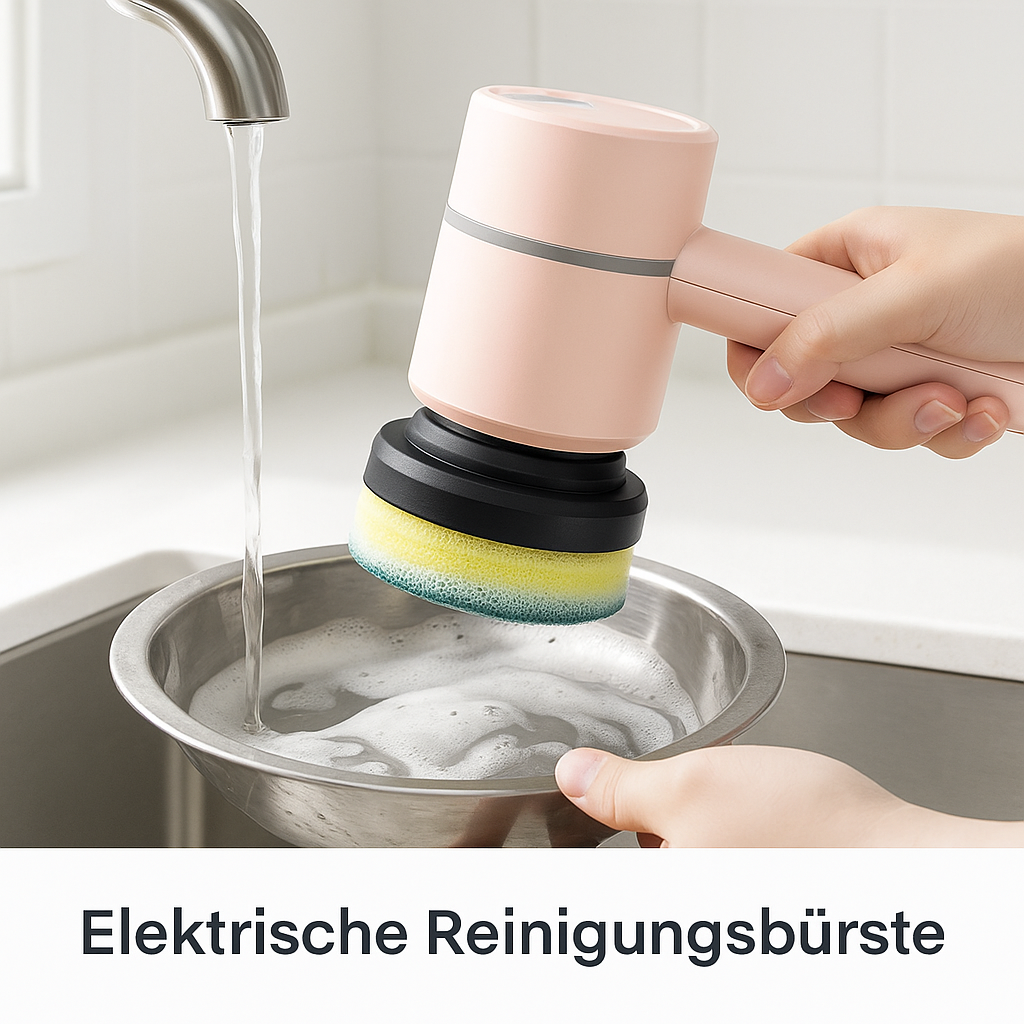 Electric cleaning brush washing a bowl under running water