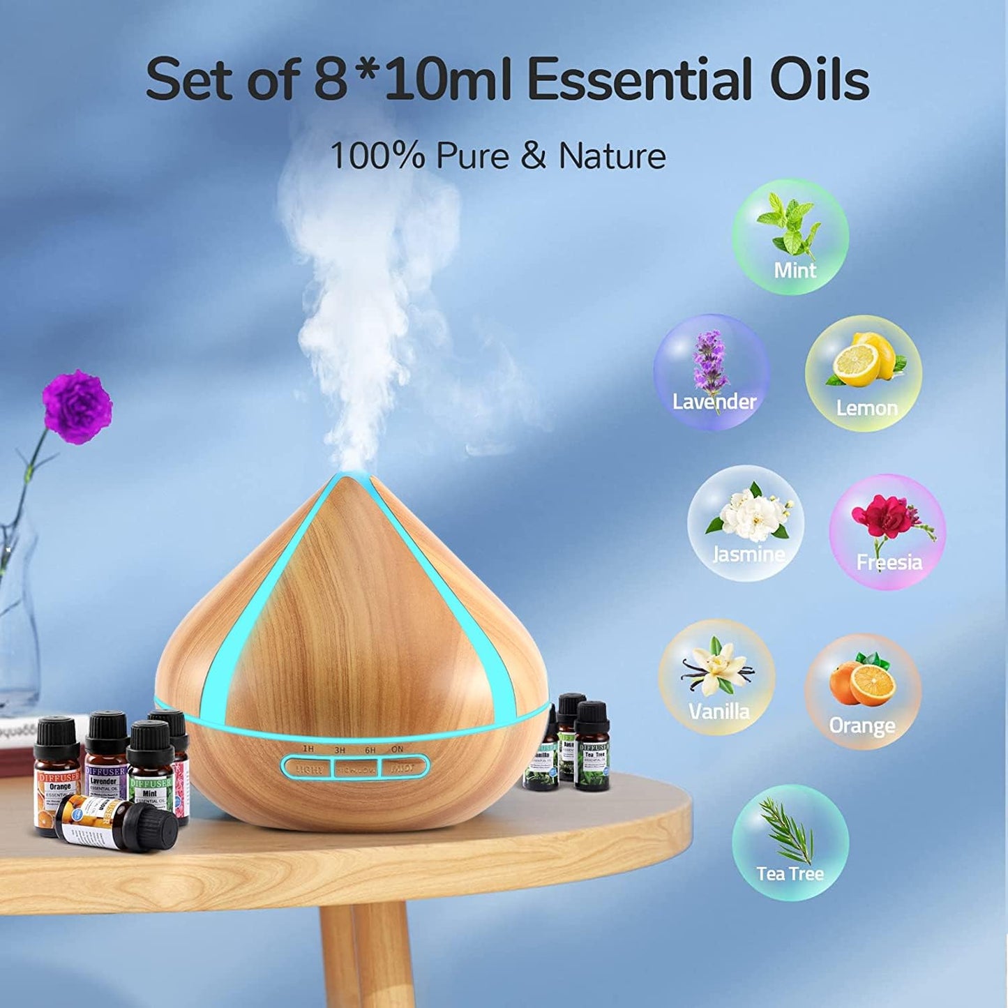 AromaSet™ 500ml Diffusor für ätherische Öle mit 8 Ölen - LED-Licht, Fernbedienung & Timer-Steuerung