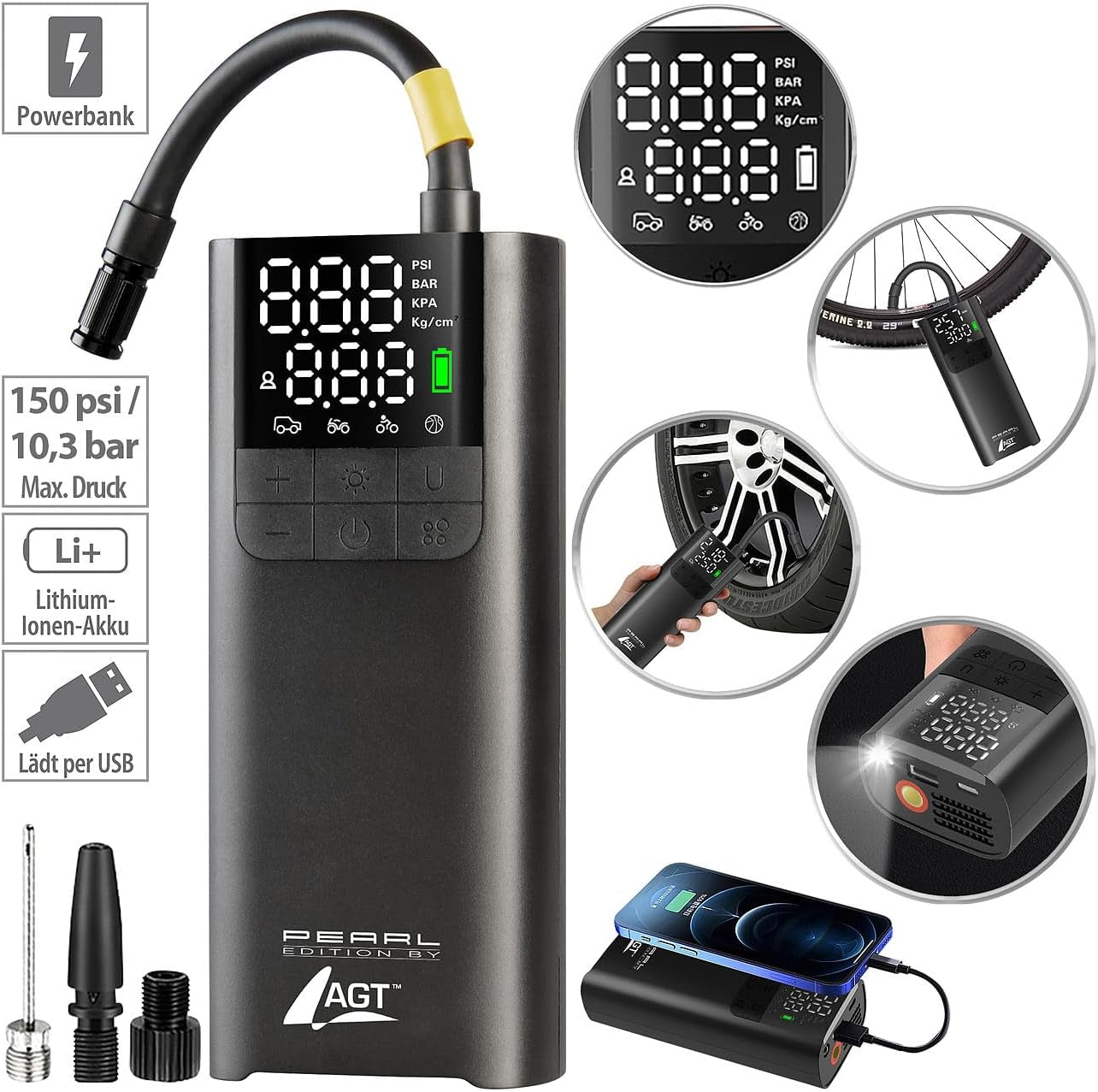 AirCharge™ - Smart 150PSI Portable Air Compressor & Power Bank (LED Display, USB-C)