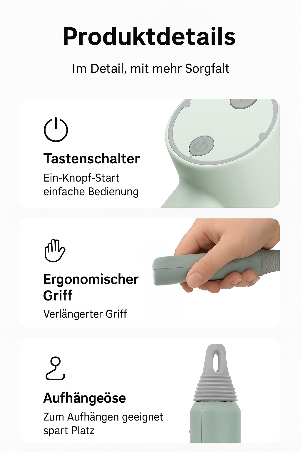 Product details of the PowerScrub: button switch, ergonomic handle, hanging hook