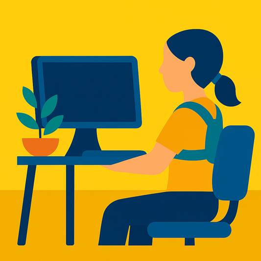 Ergonomic workspace with a woman using a posture corrector at her desk.