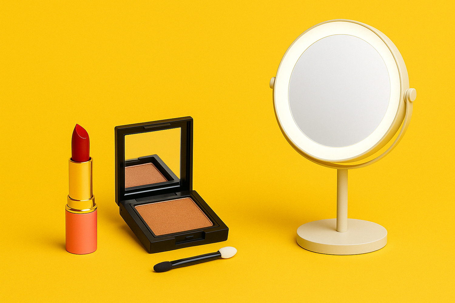 Gold lipstick, bronze eyeshadow palette with applicator, and round LED vanity mirror on a vibrant yellow background, representing beauty and lighting essentials.