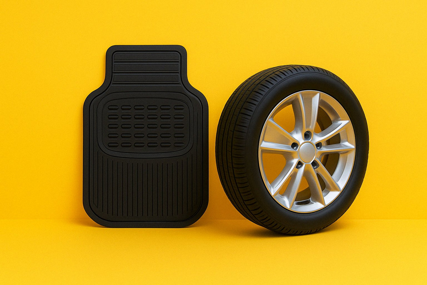 Black rubber car floor mat and silver alloy wheel with tire on a vibrant yellow background, showcasing essential automotive accessories.