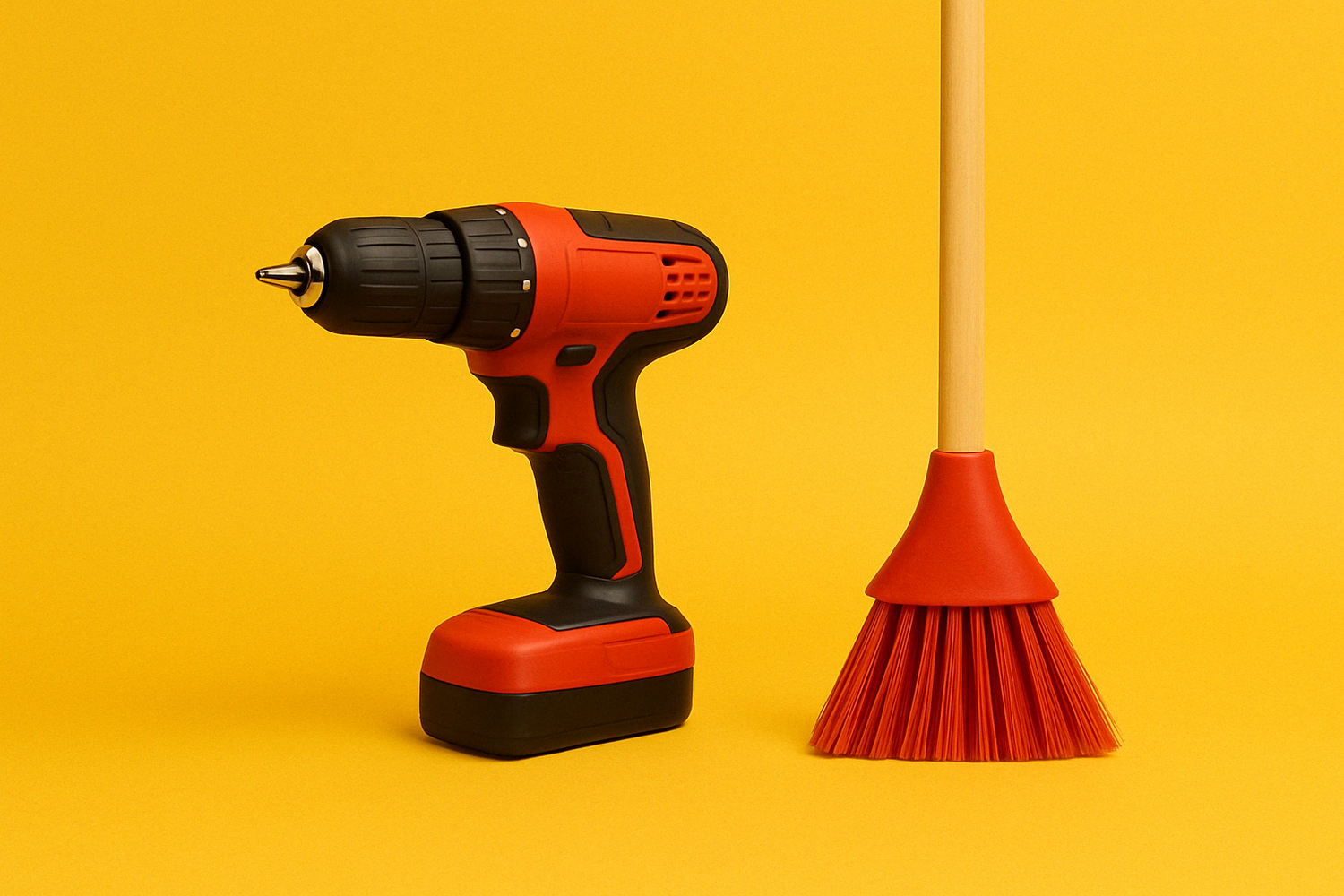 Cordless power drill and broom on a vibrant yellow background, representing home tools and gadgets.