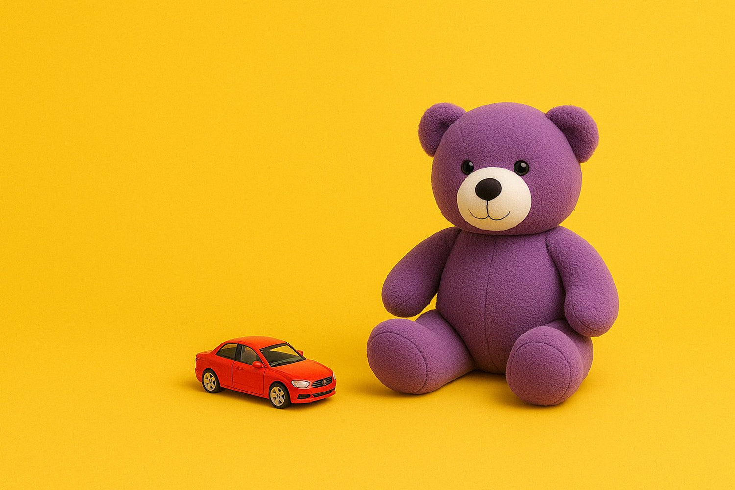 Plush purple teddy bear and glossy red toy car positioned on a vibrant yellow background, representing playful and family-friendly products.
