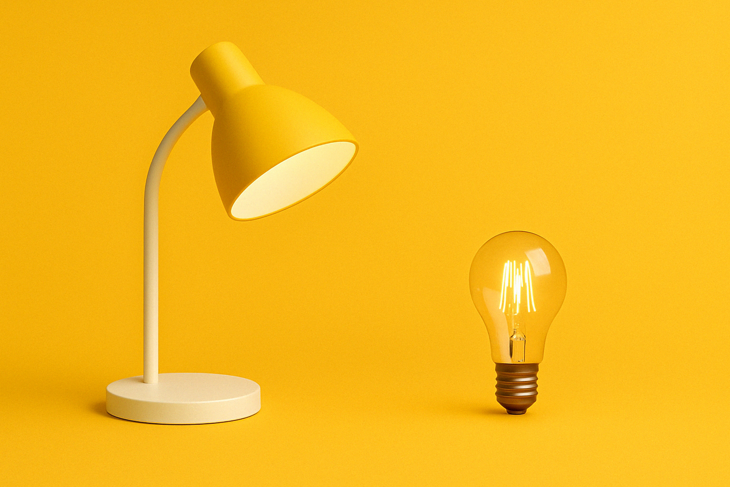 Yellow table lamp with a white base and glowing Edison-style bulb on a vibrant yellow background, representing stylish lighting and cozy ambience.
