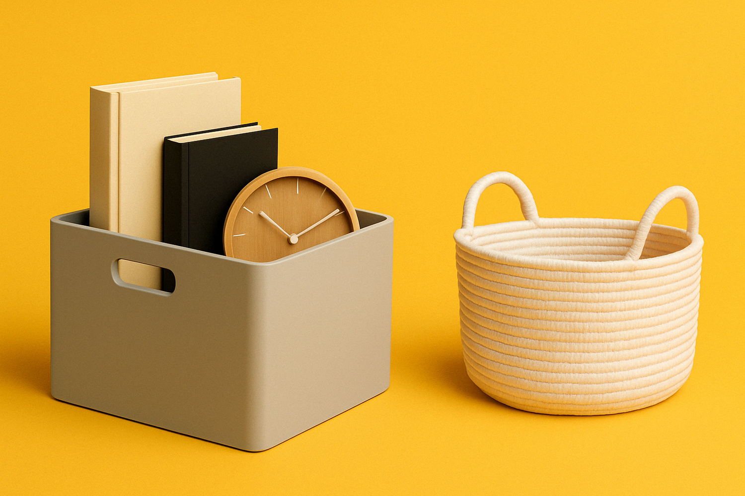 Minimalist light gray storage box with books and wooden clock, alongside a woven off-white basket, set against a vibrant yellow background, showcasing smart storage solutions.