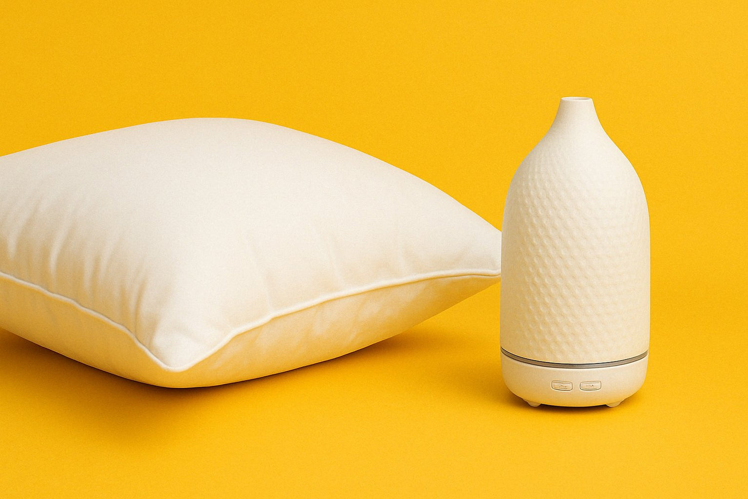 Soft white pillow and textured ceramic diffuser on a vibrant yellow background, symbolizing relaxation and comfort essentials.