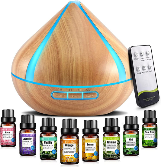 AromaSet™ 500ml Diffusor für ätherische Öle mit 8 Ölen - LED-Licht, Fernbedienung & Timer-Steuerung