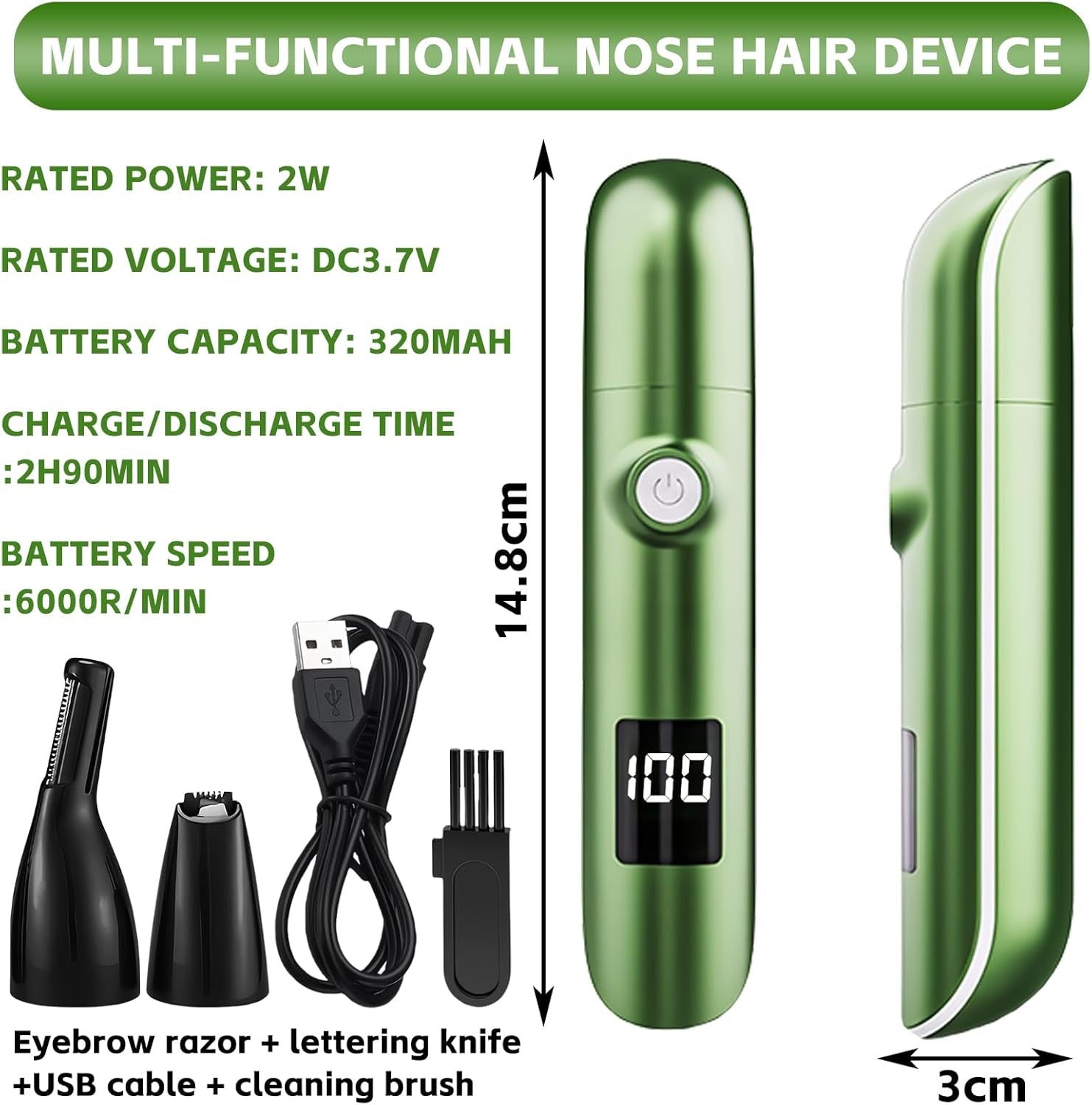 PowerTrim™ – 3‑in‑1 Beard, Nose & Body Hair Trimmer with LED Display & Waterproof Design (Green Edition)
